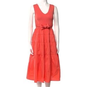 Jason Wu Coral Orange Tiered Midi Dress V-Neck Knit Poplin Fit Flare WT5175 M y2
